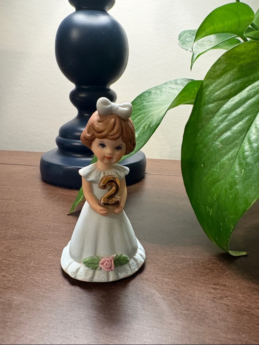 Growing Up Ceramic Figurine Girl Holding Gold '2' Accent - light blue